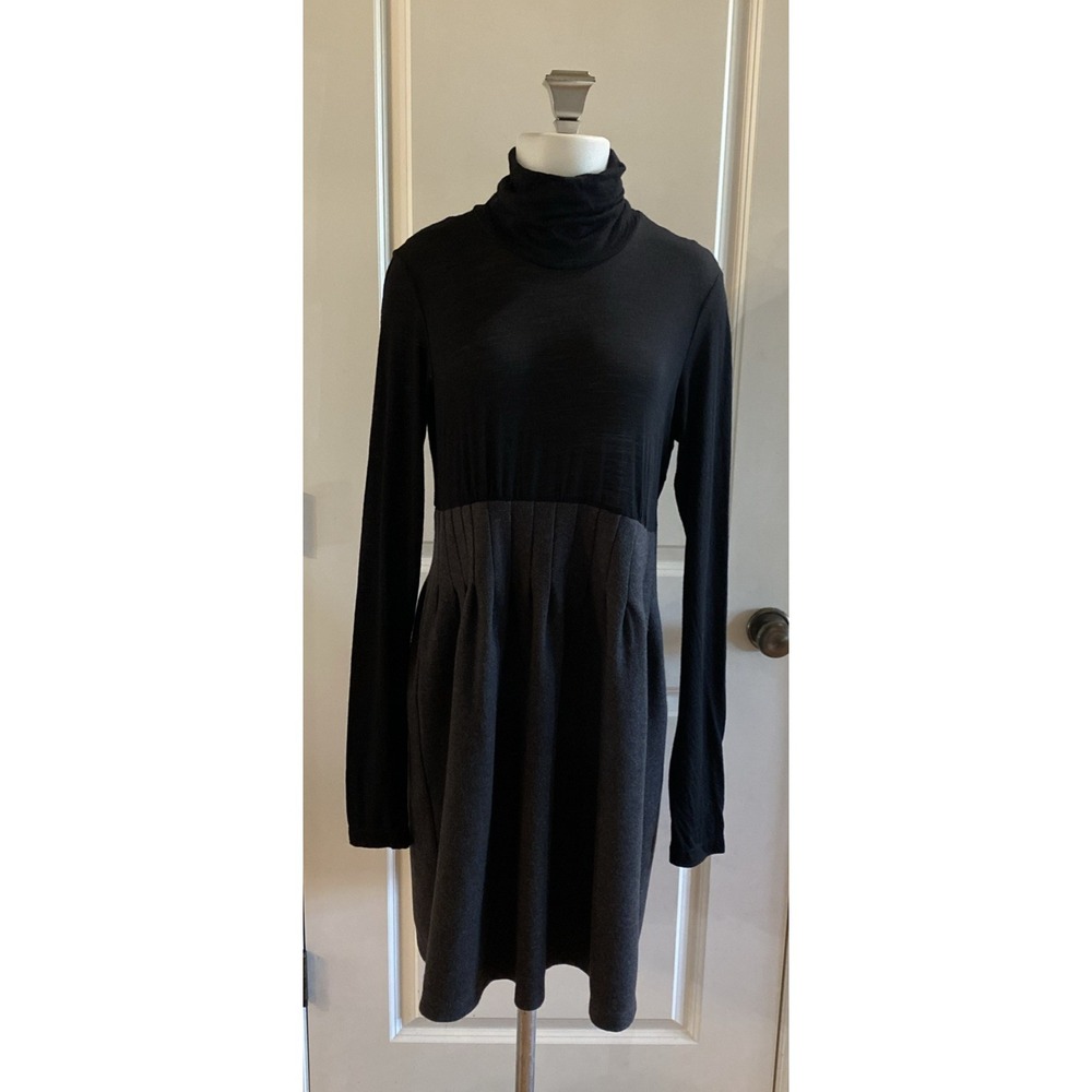 Theory‎ Long Sleeve Wool Blend Turtleneck A Line Midi Dress Gray Black Size L